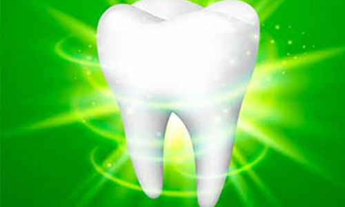Illustration of a dental tooth depicting a mercury free and fluoride free procedure offered by Premier Holistic Dental in beautiful Costa Rica.  The illustration shows a white tooth on a green background.
